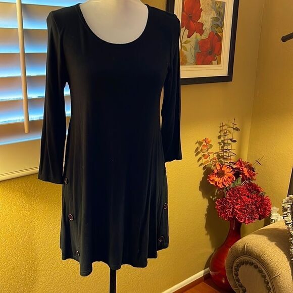 Chris & Carol, Basic Black T-Shirt Dress with Button Details, SZ L - Picture 1 of 7